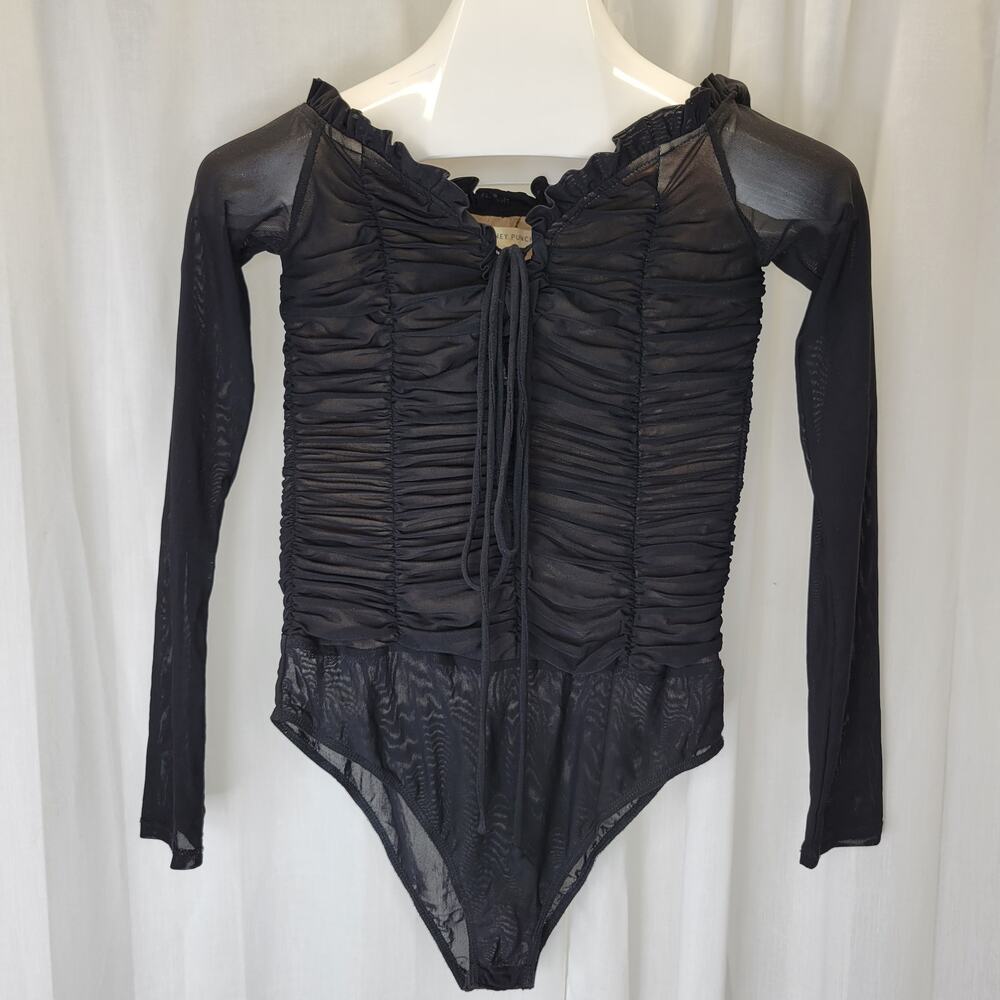 Honey Punch Black Sheer Rouched and Tied Ruffled Snap Bodysuit, S